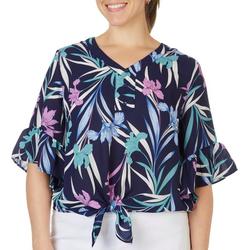 Womens Floral Tie Front Flutter Sleeve Top