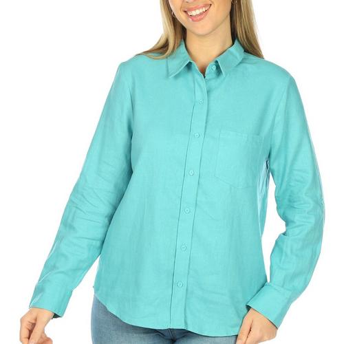 Blue Sol Womens Solid Button-Down 3/4 Roll-Sleeve Top