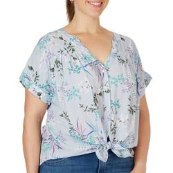 Womens Floral Tie Front Button Down Top