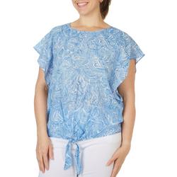 Womens Paisley Tie Front Ruffle Sleeve Top