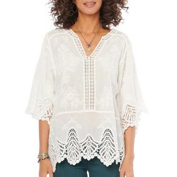 Democracy Womens Embroidered Crochet 3/4 Sleeve Woven Top