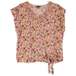Democracy Womens Floral Three Ruffle Tie Front Top