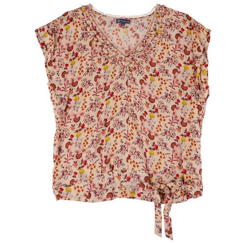 Democracy Womens Floral Three Ruffle Tie Front Top