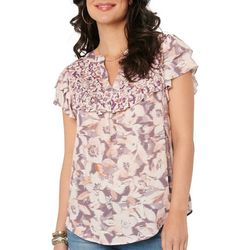 Democracy Womens Printed Short Sleeve Top With Ruffle