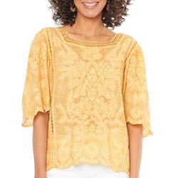 Womens Mineral Wash Woven Crochet Square Neck Top