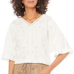Democracy Womens Embroidered Dolman Sleeve Woven V Neck Top