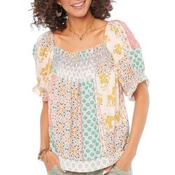 Womens Patchwork Square Neck Elbow Sleeve Top