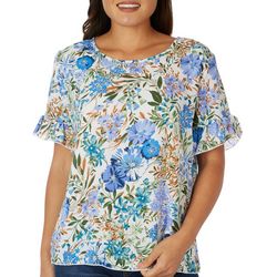 Womens Floral Scoop Neck Short Ruffle Sleeve Top