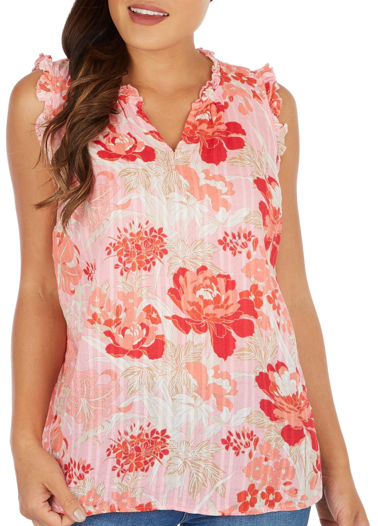 Womens Floral Windowpane Sleeveless Top