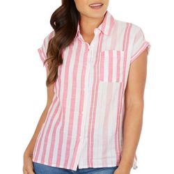 Womens Blue Sol Striped Button Down Short Sleeve Camp Top