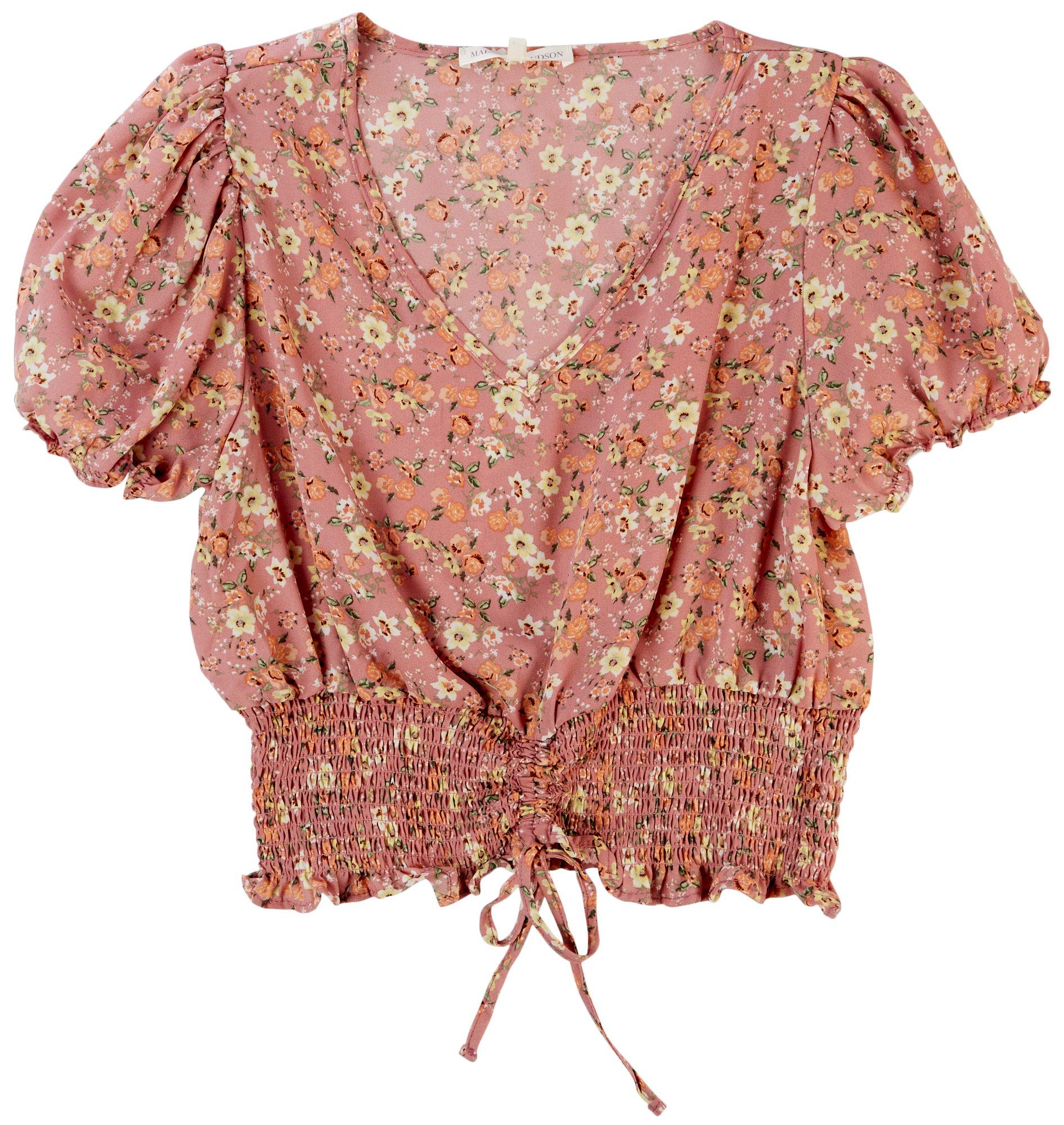 Madison + Hudson Womens Floral Smocked Waist Ruched Top
