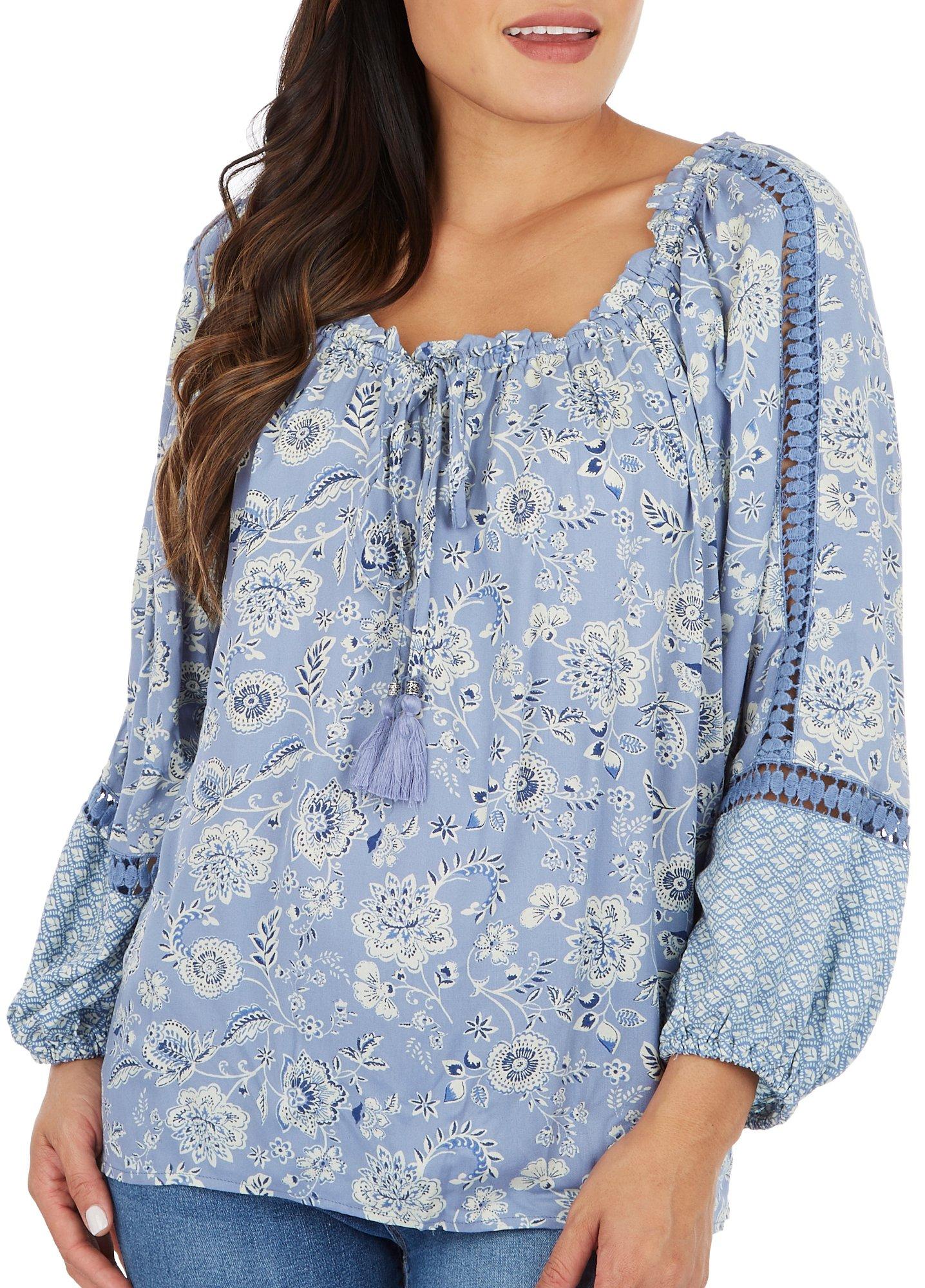 Lola P. Womens Floral Long Sleeve Off The Shoulder Top