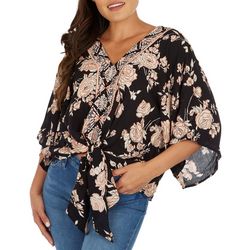 Lola P. Womens Floral Tie Front Dolman Short Sleeve Top