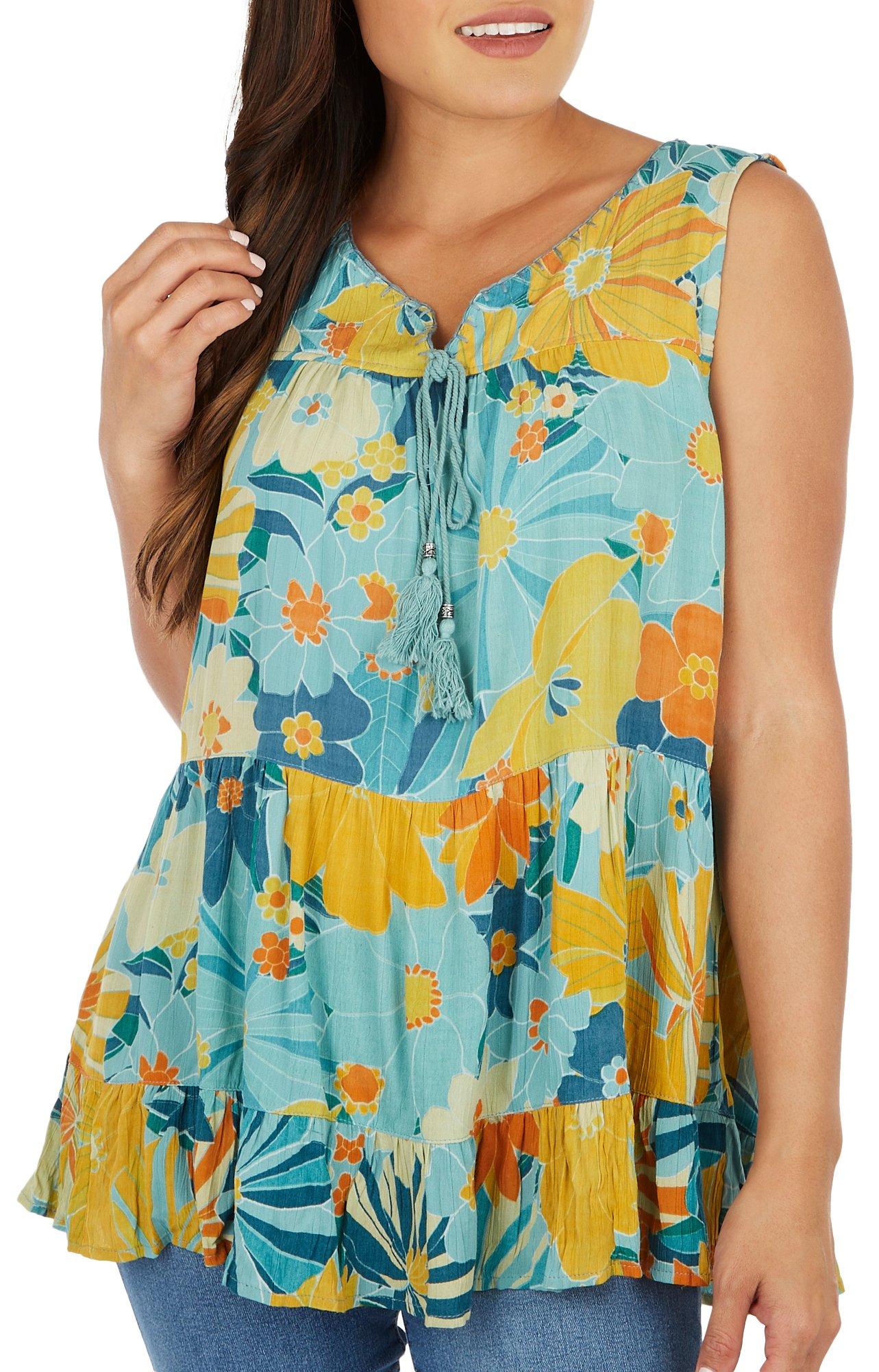 Womens Nostalgia Floral Print Tiered Sleeveless Tunic
