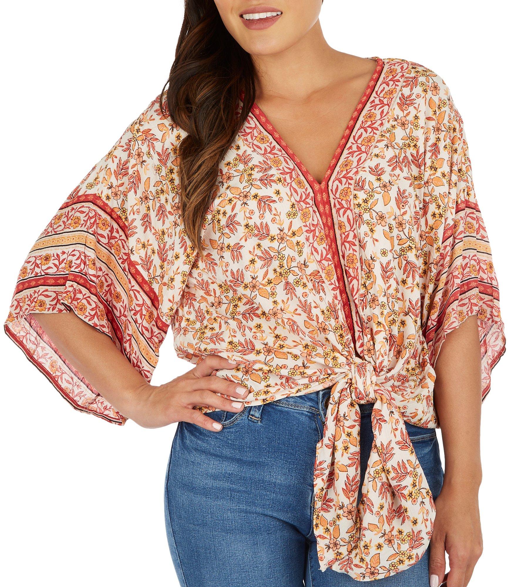 Lola P. Womens Floral Tie Front Short Sleeve Top