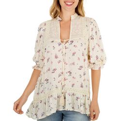 Nostalgia Womens Embroidered Lace Inset 3/4 Sleeve Top