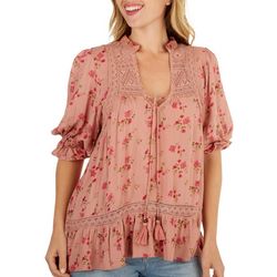 Nostalgia Womens Floral Lace Inset 3/4 Sleeve Top
