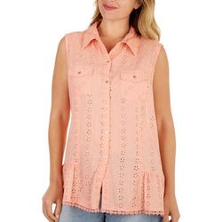 Lola P Womens Solid Eyelet Button Down Pocket Sleeveless Top