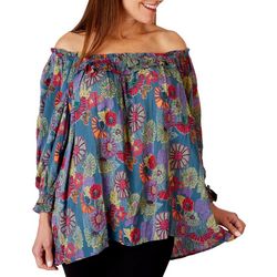Sky & Sand Womens Floral Ruffle Scoop Neck 3/4 Sleeve Top