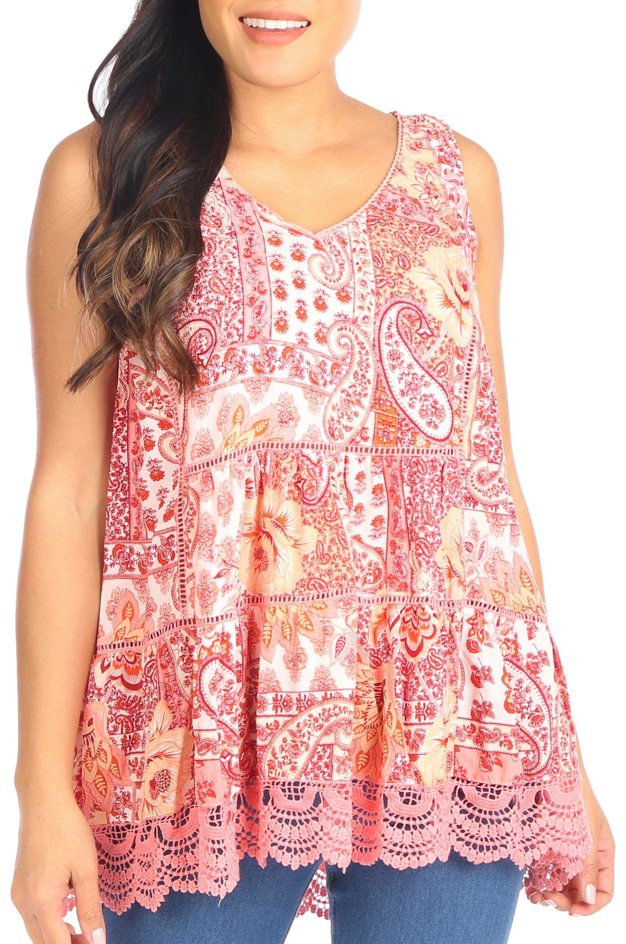 Womens Mixed Print Tiered Babydoll Top