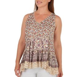 Sky & Sand Womens Floral Lace Insert Tier Sleeveless Top