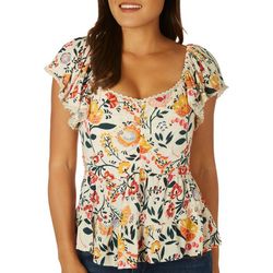 Womens Floral Front Ruched Tiered Short Sleeve Top