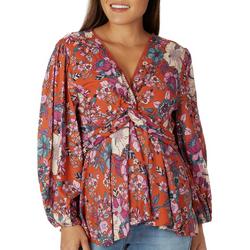 Womens Floral Twist Front V Neck Long Sleeve Top