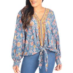 Womens Floral Tie Front Long Sleeve Top