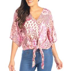 Womens Mixed Print Tie Front Dolman Short Sleeve Top