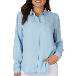 Womens Solid Button Down Pocket Back Split Long Sleeve Top