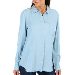 Blue Sol Womens Solid Button Down  Long Sleeve Woven Top