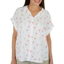 Per Se Womens Flamingo Print  Short Sleeve Top