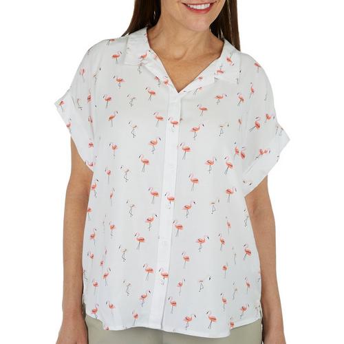 Per Se Womens Flamingo Print Short Sleeve Top