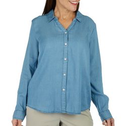 Per Se Womens Solid Button Down Collared Long SleeveTop
