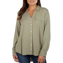 Womens Solid Button Down Pocket Long Sleeve