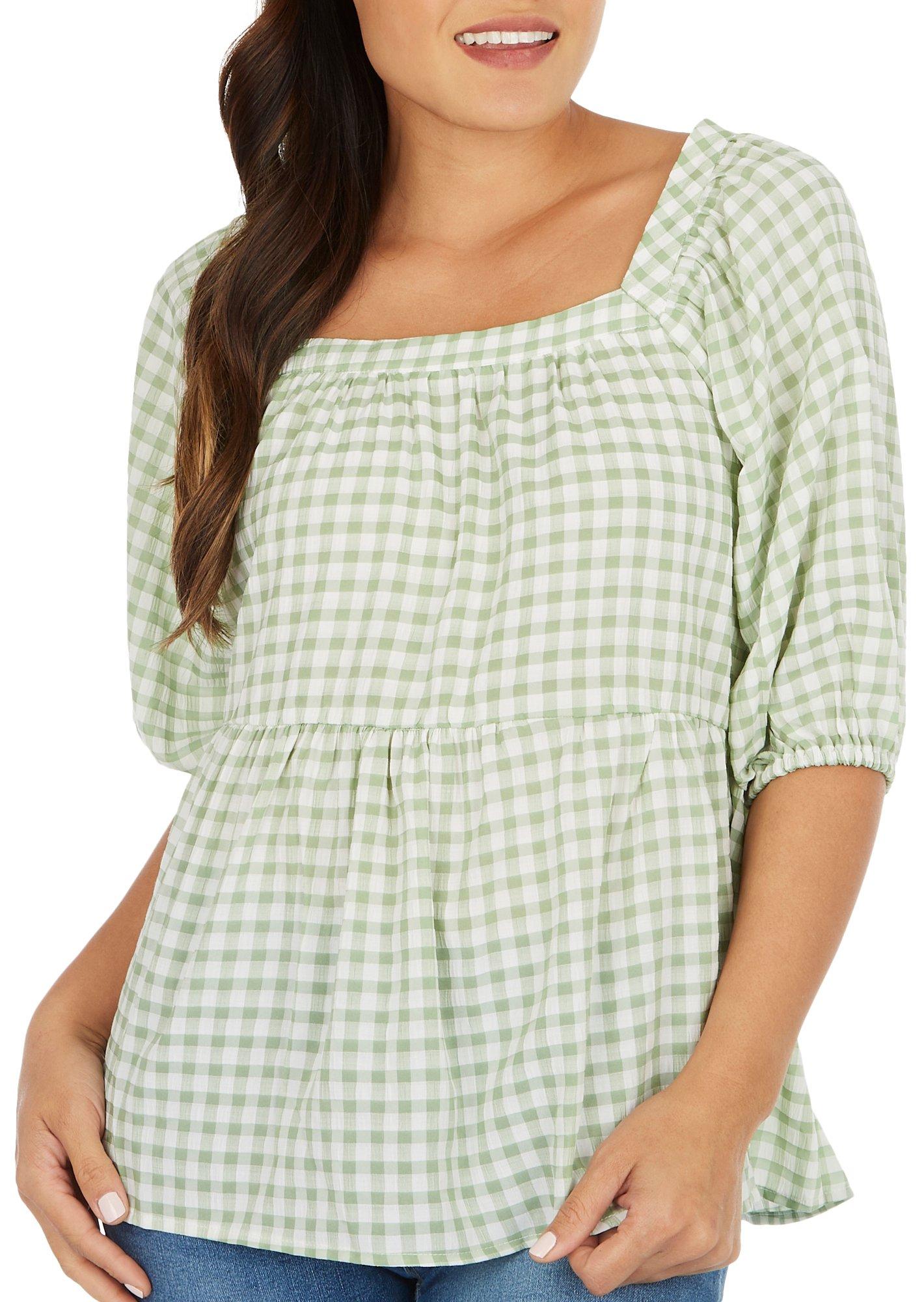 Womens Gingham Babydoll Short Sleeve Top