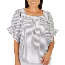 Studio West Womens Embroidered Striped Short Sleeve Top