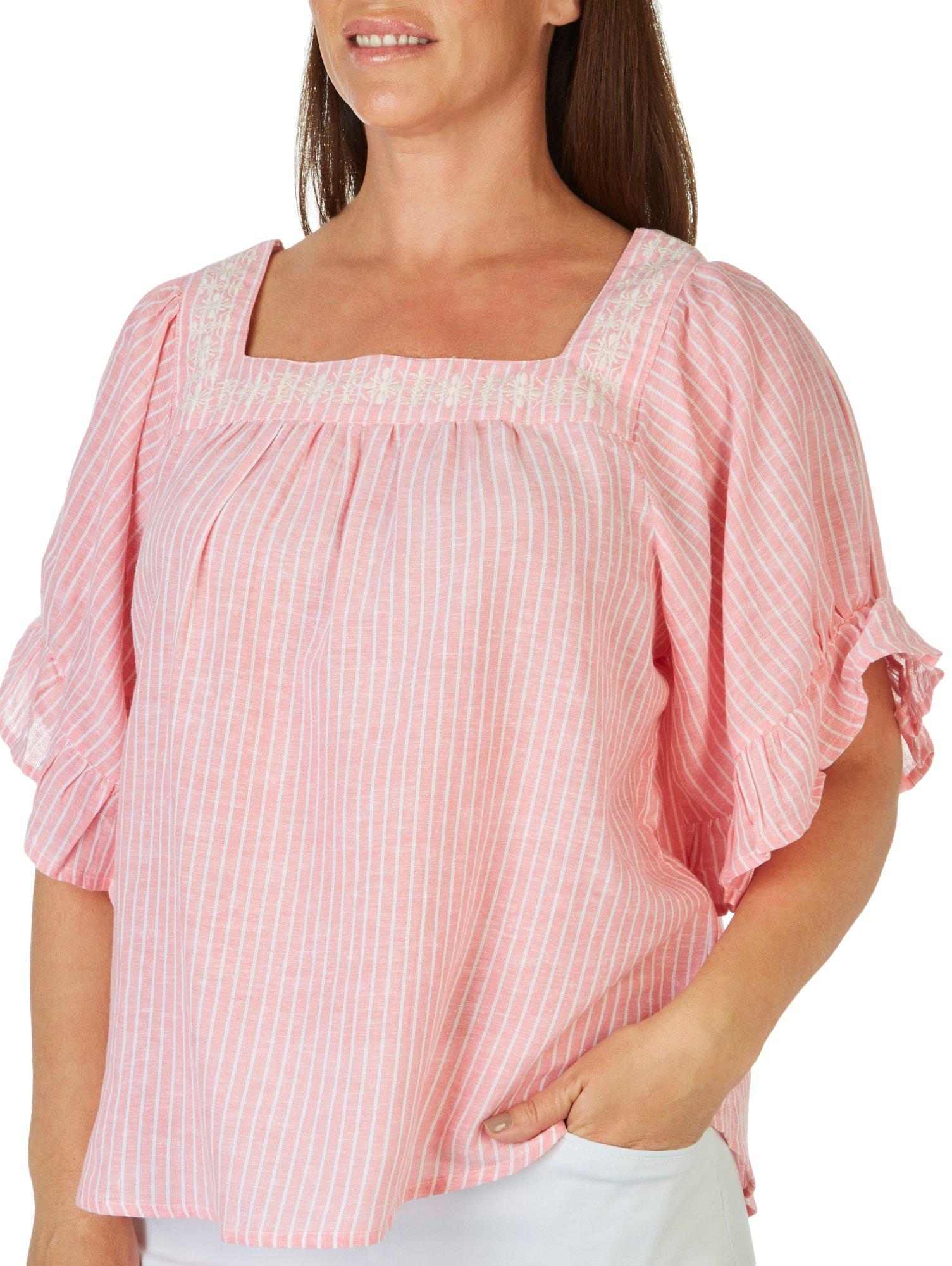 Studio West Womens Embroidered Striped Short Sleeve Top