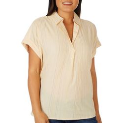 Studio West Womens Striped Textured Popover Short Sleeve Top