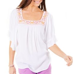 Studio West Womens Embroidered Square Neck Short Sleeve Top