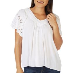 Studio West Womens Solid Embroidered V Neck Short Sleeve Top