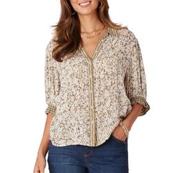 Womens Collared V-Neck Flounce Sleeve Printed Top