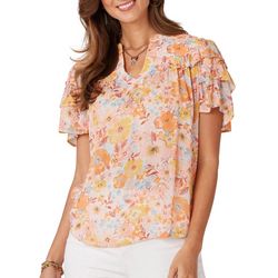 Democracy Womens Short Sleeve Ruffle Quilted V-Neck Top