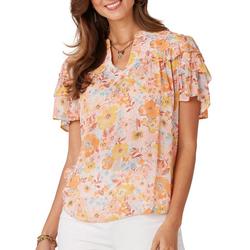 Womens Short Sleeve Ruffle Quilted V-Neck Top