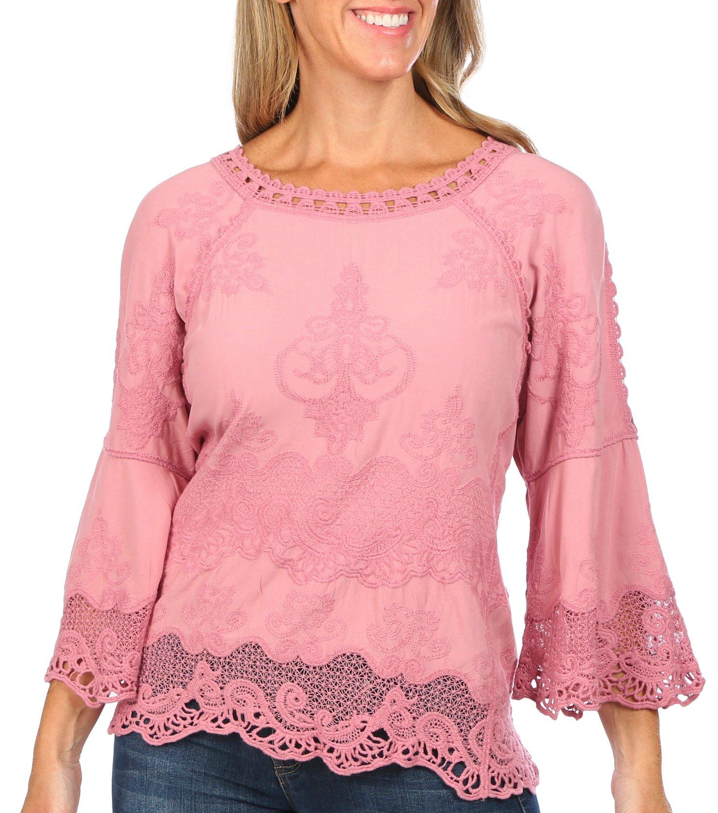 Democracy Womens Lace Embellished Top 3/4 Sleeve Top