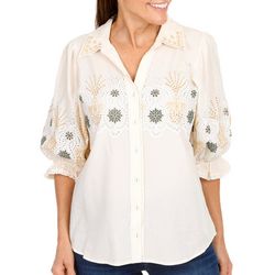 Womens Embroidered Button Down 3/4 Sleeve Top