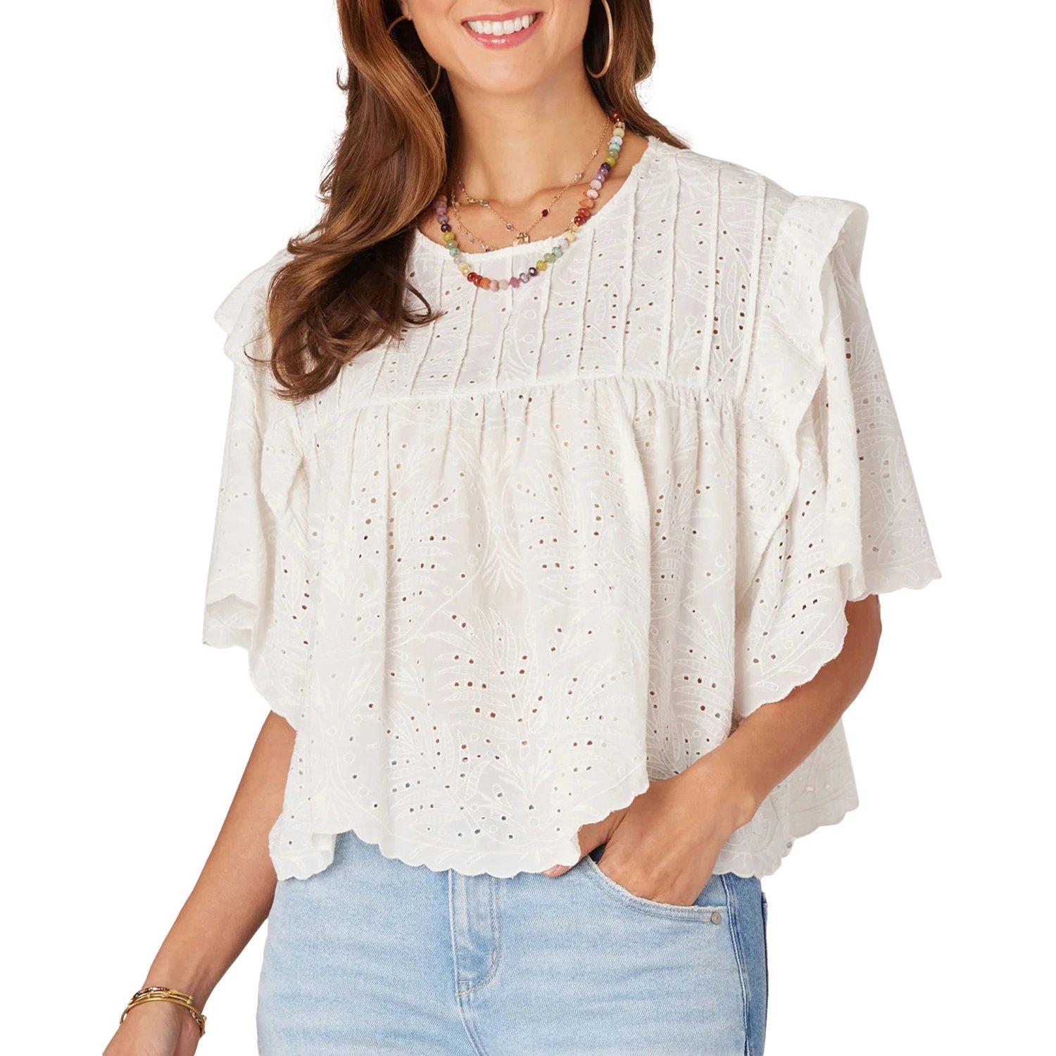 Democracy Womens Short Sleeve Embroidered Eyelet Woven Top
