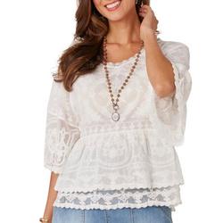 Womens Three Quarter Sleeve Embroidered Top
