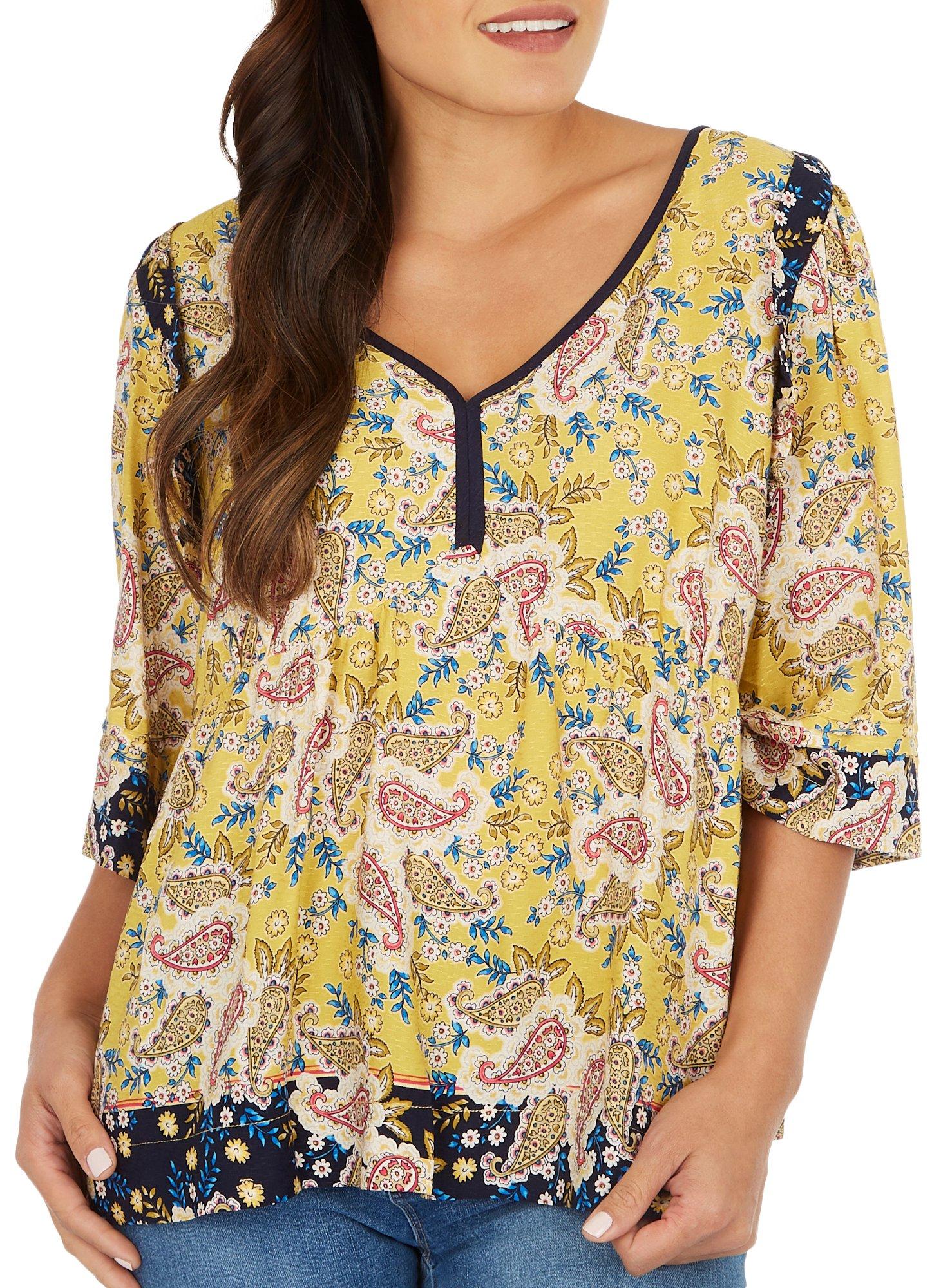 Democracy Womens Paisley V-Neck 3/4 Sleeve Top
