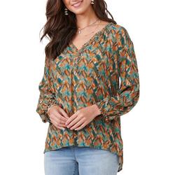 Womens 3/4 Sleeve Braided Neck Textured Woven Top